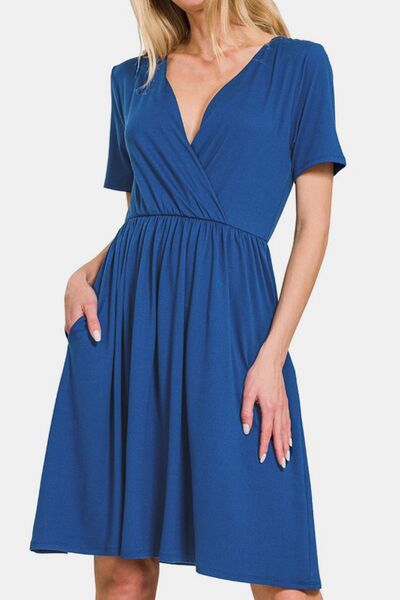 Zenana Surplice Short Sleeve Brushed DTY Dress - Mervyns