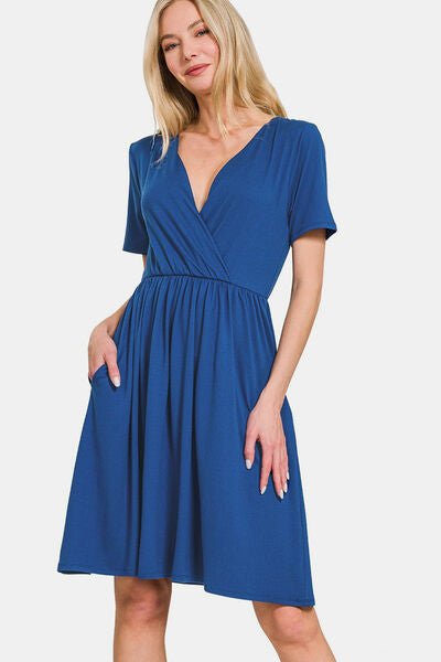 Zenana Surplice Short Sleeve Brushed DTY Dress - Mervyns