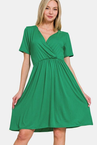 Zenana Surplice Short Sleeve Brushed DTY Dress - Mervyns