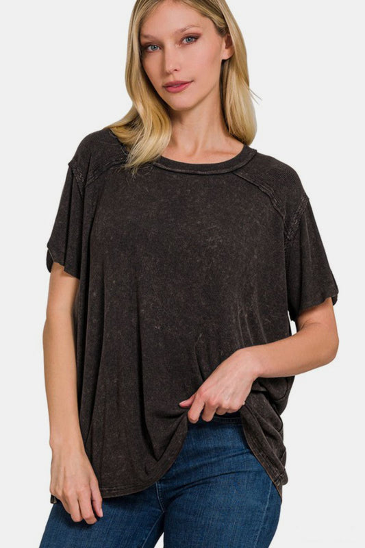 Zenana Washed Ribbed Short Sleeve Top - Mervyns