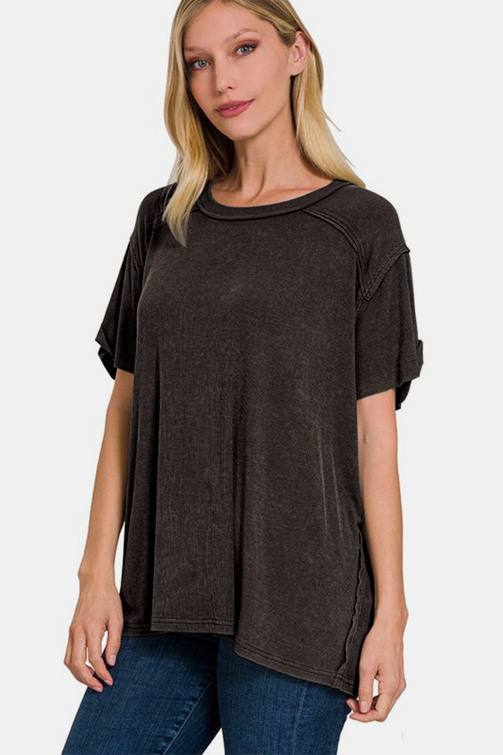 Zenana Washed Ribbed Short Sleeve Top - Mervyns
