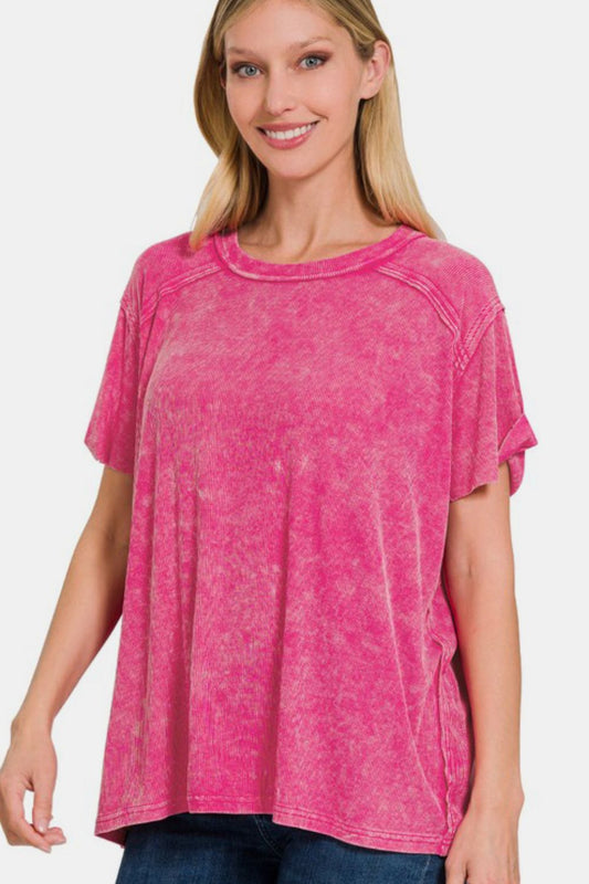 Zenana Washed Ribbed Short Sleeve Top - Mervyns