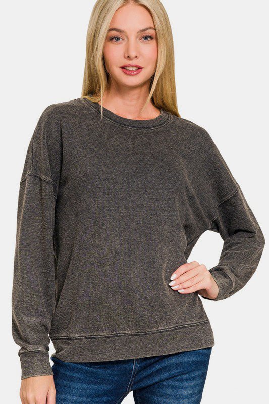 Zenana Washed Round Neck Dropped Shoulder Sweatshirt - Mervyns
