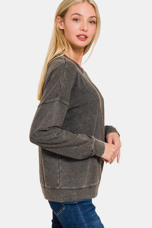 Zenana Washed Round Neck Dropped Shoulder Sweatshirt - Mervyns