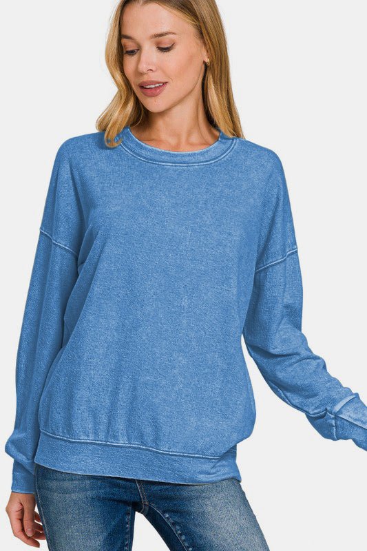 Zenana Washed Round Neck Dropped Shoulder Sweatshirt - Mervyns