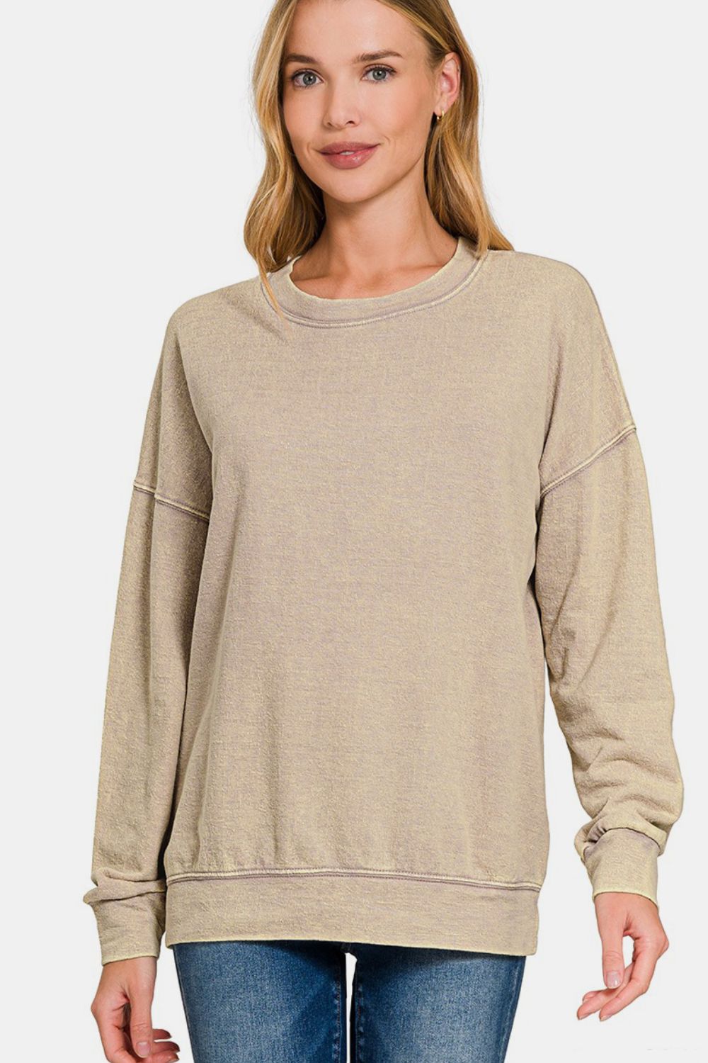 Zenana Washed Round Neck Dropped Shoulder Sweatshirt - Mervyns