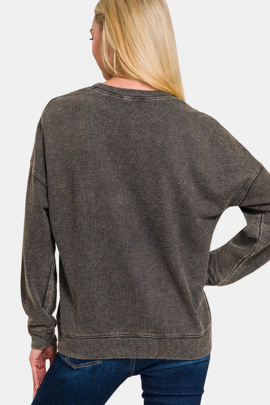 Zenana Washed Round Neck Dropped Shoulder Sweatshirt - Mervyns