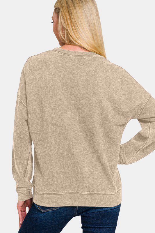 Zenana Washed Round Neck Dropped Shoulder Sweatshirt - Mervyns