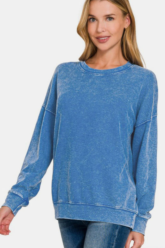 Zenana Washed Round Neck Dropped Shoulder Sweatshirt - Mervyns