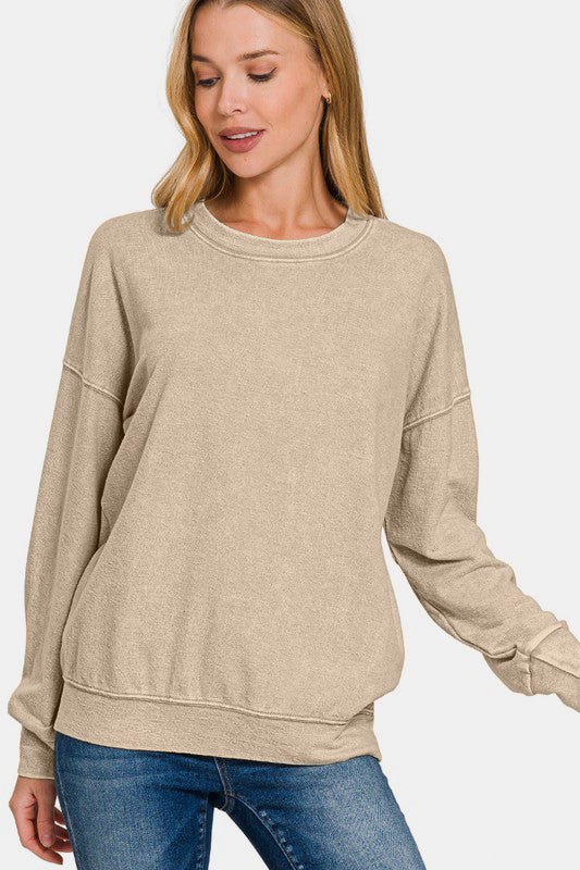 Zenana Washed Round Neck Dropped Shoulder Sweatshirt - Mervyns