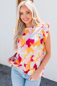 Thumbnail for Printed Round Neck Flutter Sleeve Top