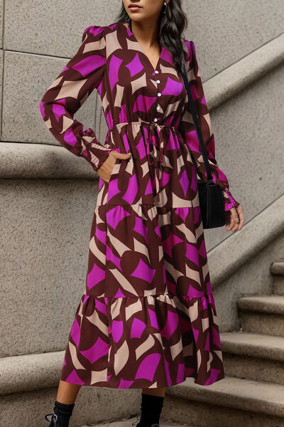 Printed Tied Pocketed Lantern Sleeve Dress