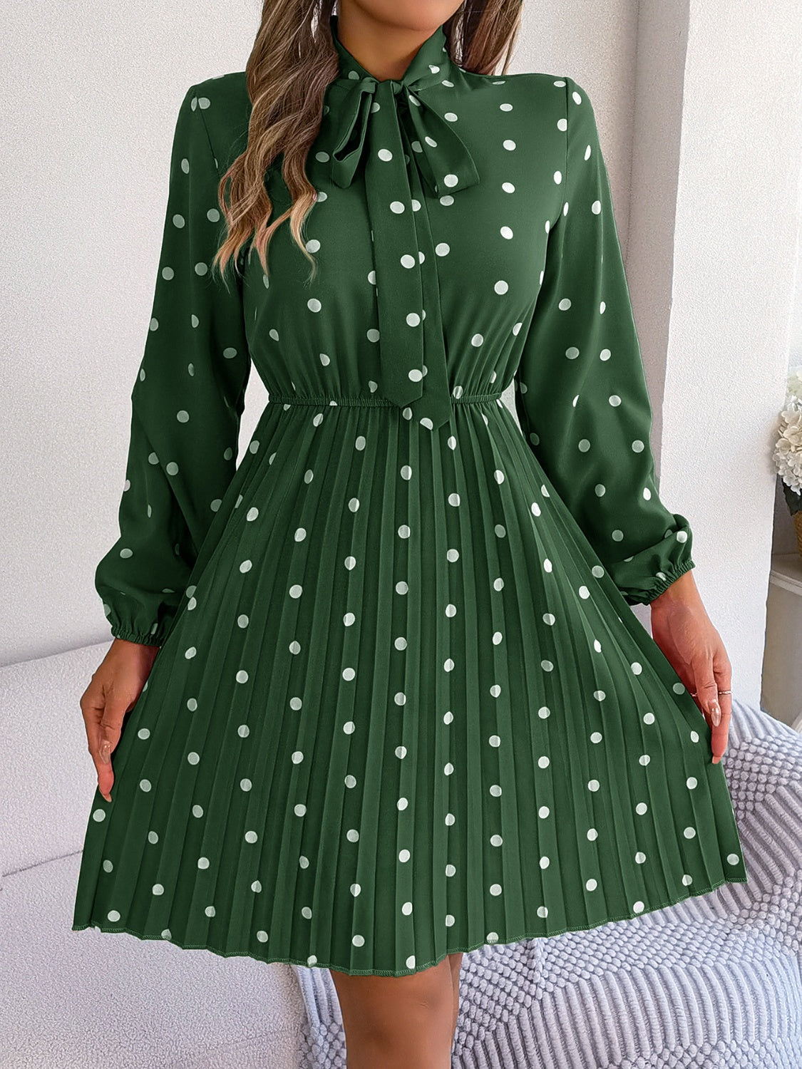 Polka Dot Tie Neck Pleated Dress