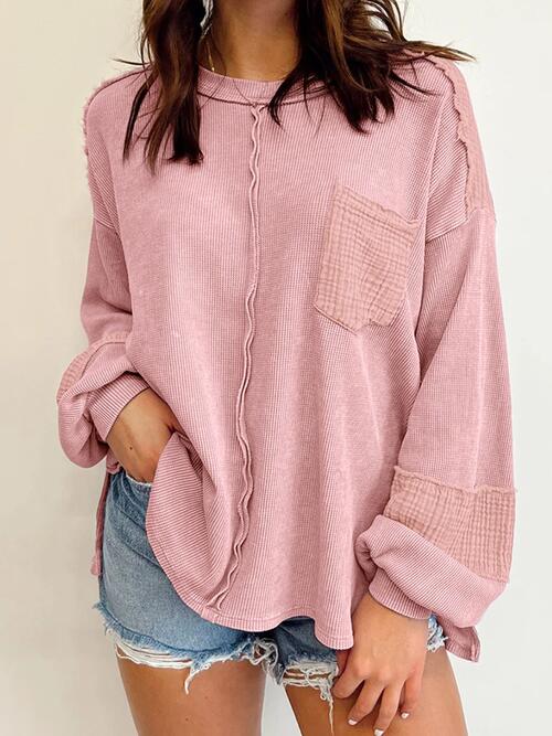 Waffle-Knit Exposed Seam Lantern Sleeve Blouse