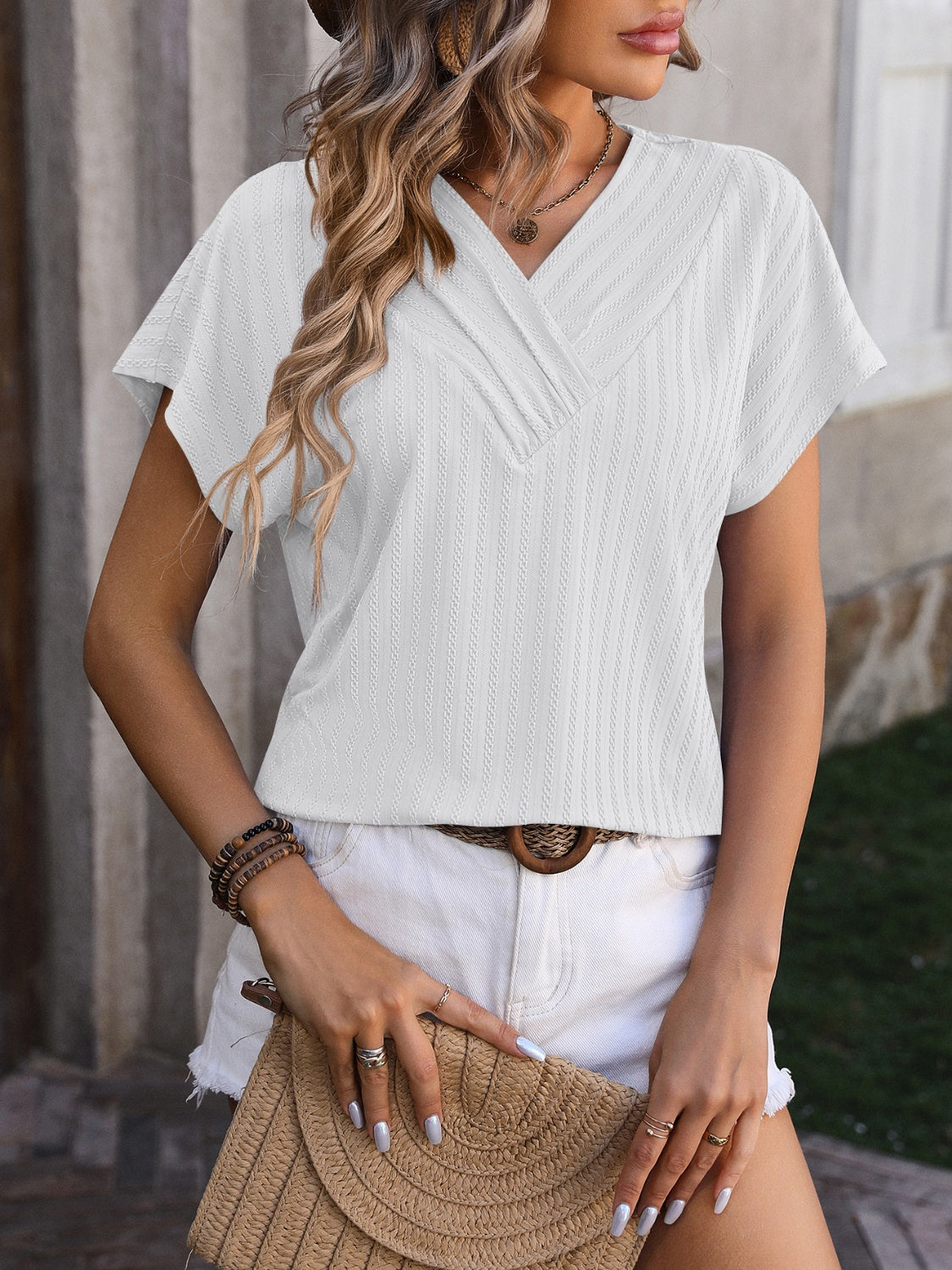 Textured Surplice Short Sleeve Blouse