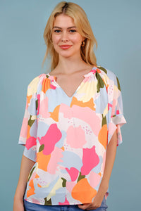 Thumbnail for Printed Notched Neck Half Sleeve Blouse