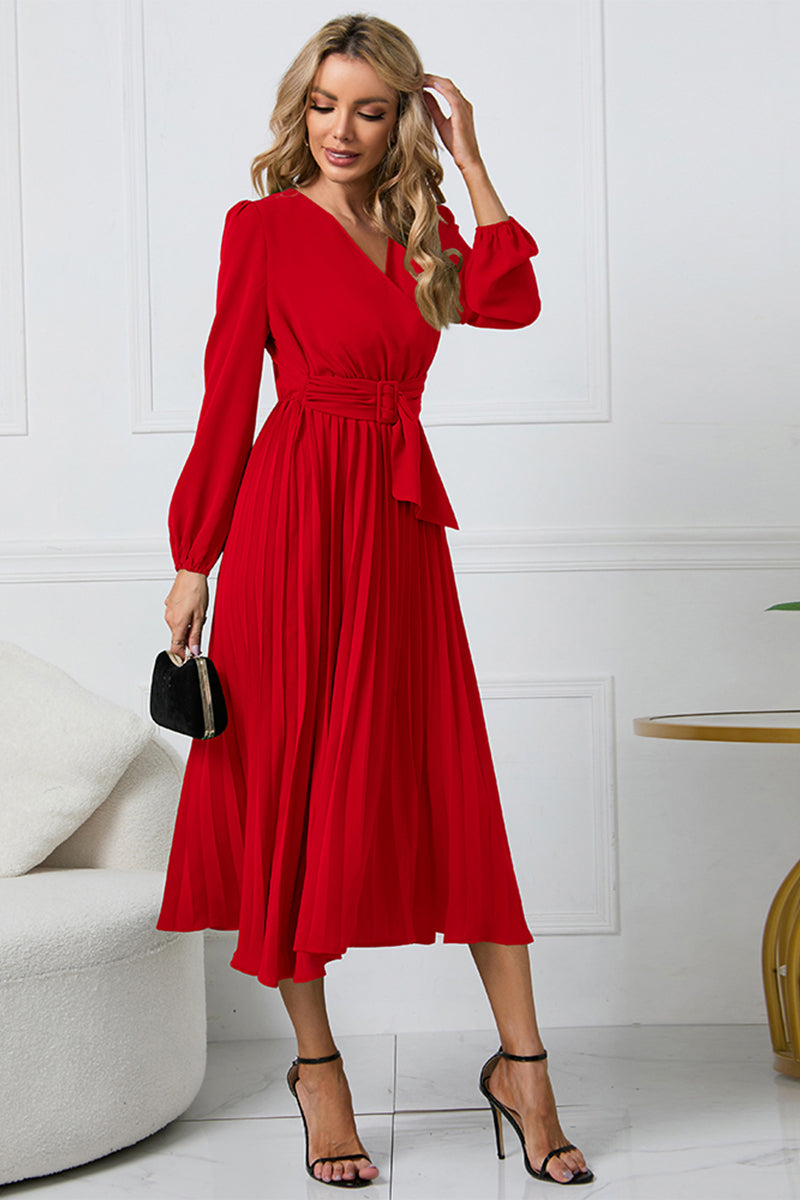 V-Neck Long Sleeve Tie Waist Midi Dress