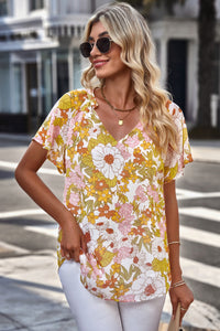 Thumbnail for Floral Notched Neck Flutter Sleeve Blouse
