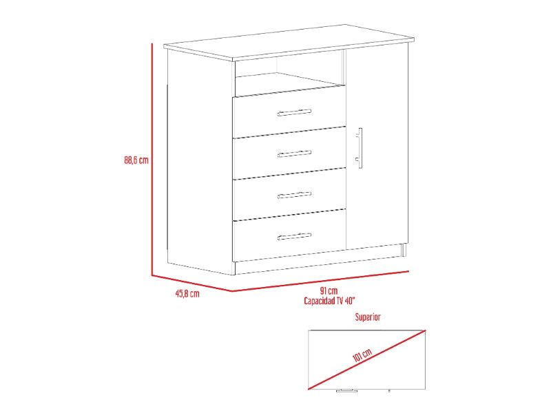 Rioja 4 Drawer Dresser, One Open Shelf, Superior Top, Single Door Cabinet