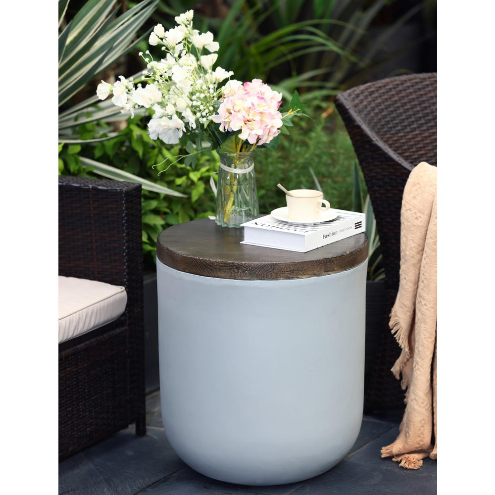 Gray and Brown MgO Round Side Table, Indoors and Outdoors