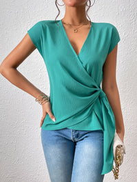 Thumbnail for Tied Surplice Neck Short Sleeve Blouse