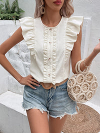 Thumbnail for Decorative Button Frill Trim Round Neck Top