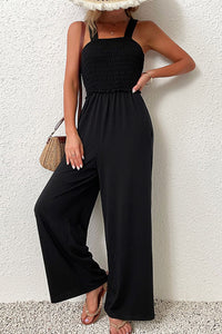 Thumbnail for Smocked Sleeveless Wide Leg Jumpsuit with Pockets