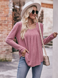 Thumbnail for Pleated Detail Curved Hem Long Sleeve Top