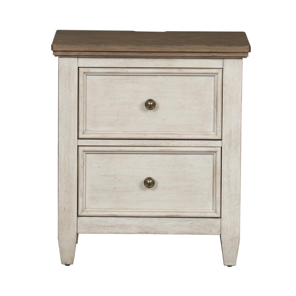 2 Drawer Night Stand w/ Charging Station, Antique White Finish w/ Tobacco Tops