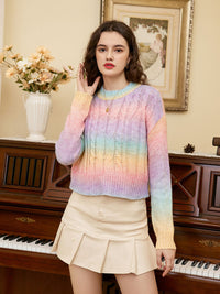Thumbnail for Rainbow Color Cable-Knit Dropped Shoulder Knit Top
