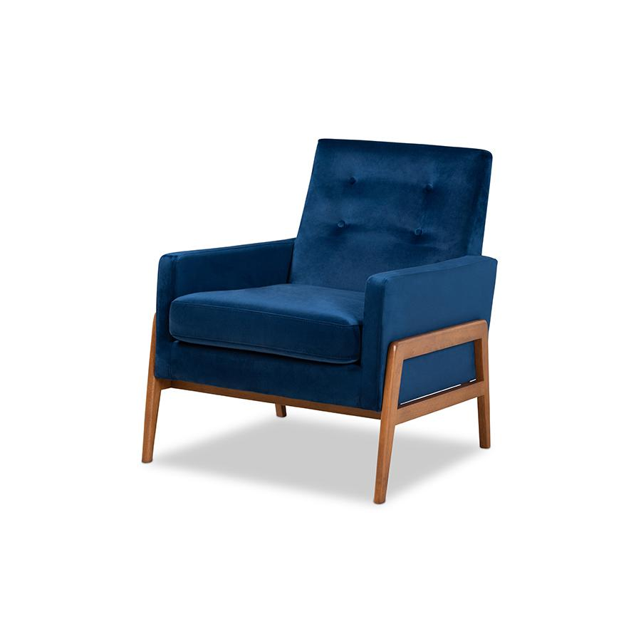Perris Mid-Century Modern Navy Blue Velvet Fabric Upholstered and Walnut Brown Finished Wood Lounge Chair