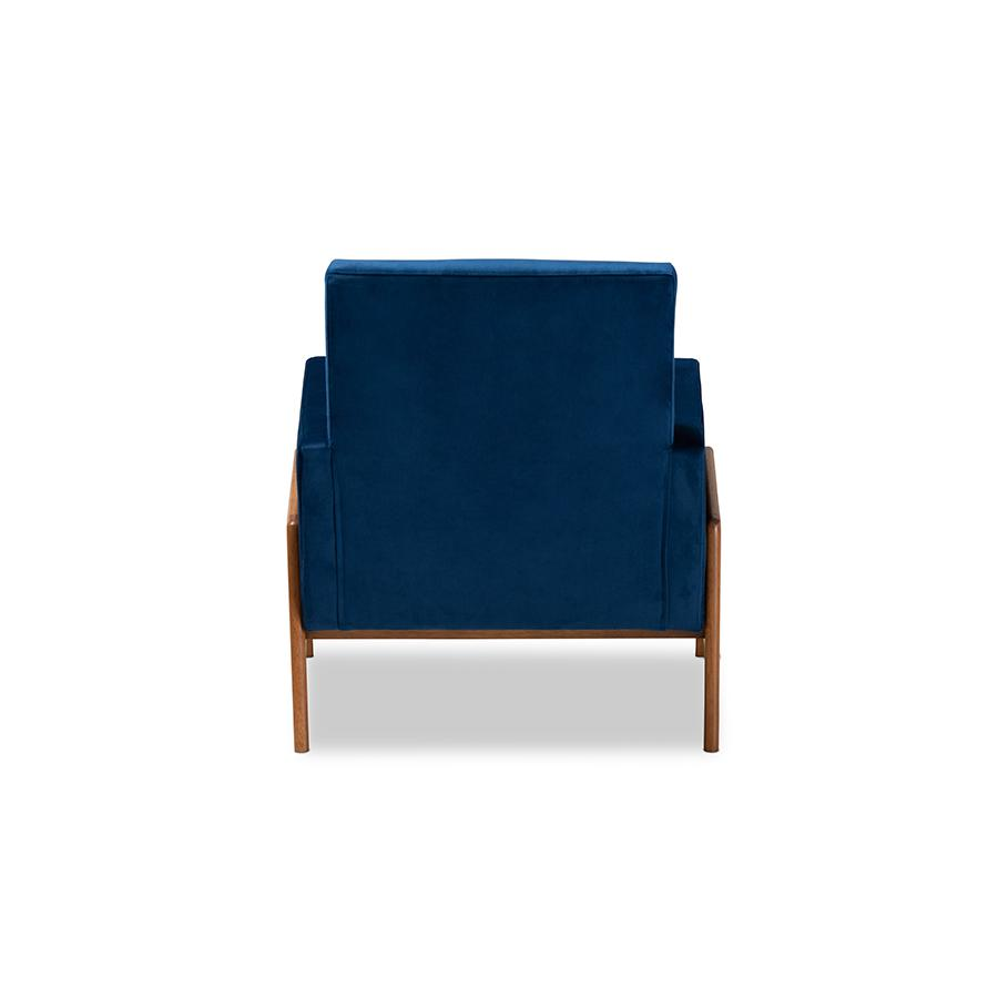 Perris Mid-Century Modern Navy Blue Velvet Fabric Upholstered and Walnut Brown Finished Wood Lounge Chair