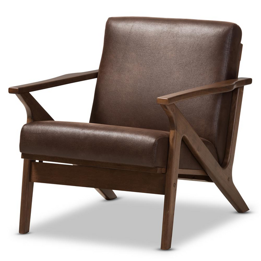 Baxton Studio Bianca Mid-Century Modern Walnut Wood Dark Brown Distressed Faux Leather Effect Lounge Chair