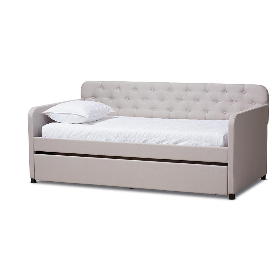 Camelia Modern and Contemporary Beige Fabric Upholstered Button-Tufted Twin Size Sofa Daybed with Roll-Out Trundle Guest Bed