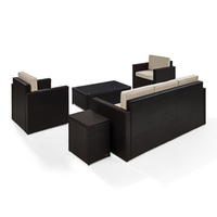 Thumbnail for Palm Harbor 5Pc Outdoor Wicker Conversation Set Sand/Brown - Sofa, 2 Arm Chairs, Side Table, Glass Top Table