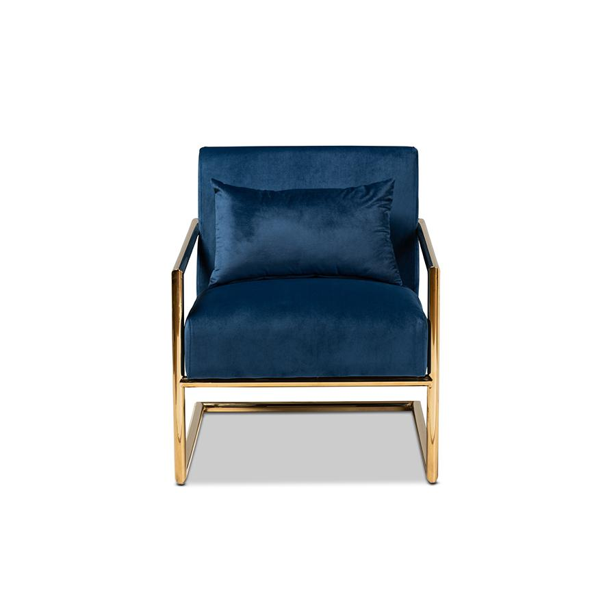 Baxton Studio Mira Glam and Luxe Navy Blue Velvet Fabric Upholstered Gold Finished Metal Lounge Chair