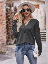 Thumbnail for Buttoned Notched Neck Long Sleeve Top