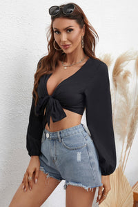 Thumbnail for Plunge Cropped Tie Front Blouse