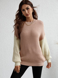 Thumbnail for Two-Tone Rib-Knit Dropped Shoulder Sweater