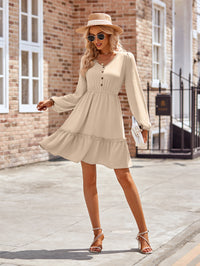 Thumbnail for Frill Trim Buttoned V-Neck Puff Sleeve Dress