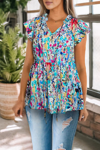 Thumbnail for Printed Tie Neck Butterfly Sleeve Babydoll Top