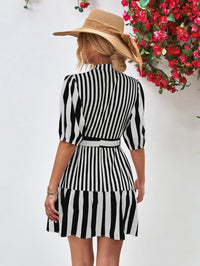Thumbnail for Striped Half Sleeve Tie Waist Mini Dress