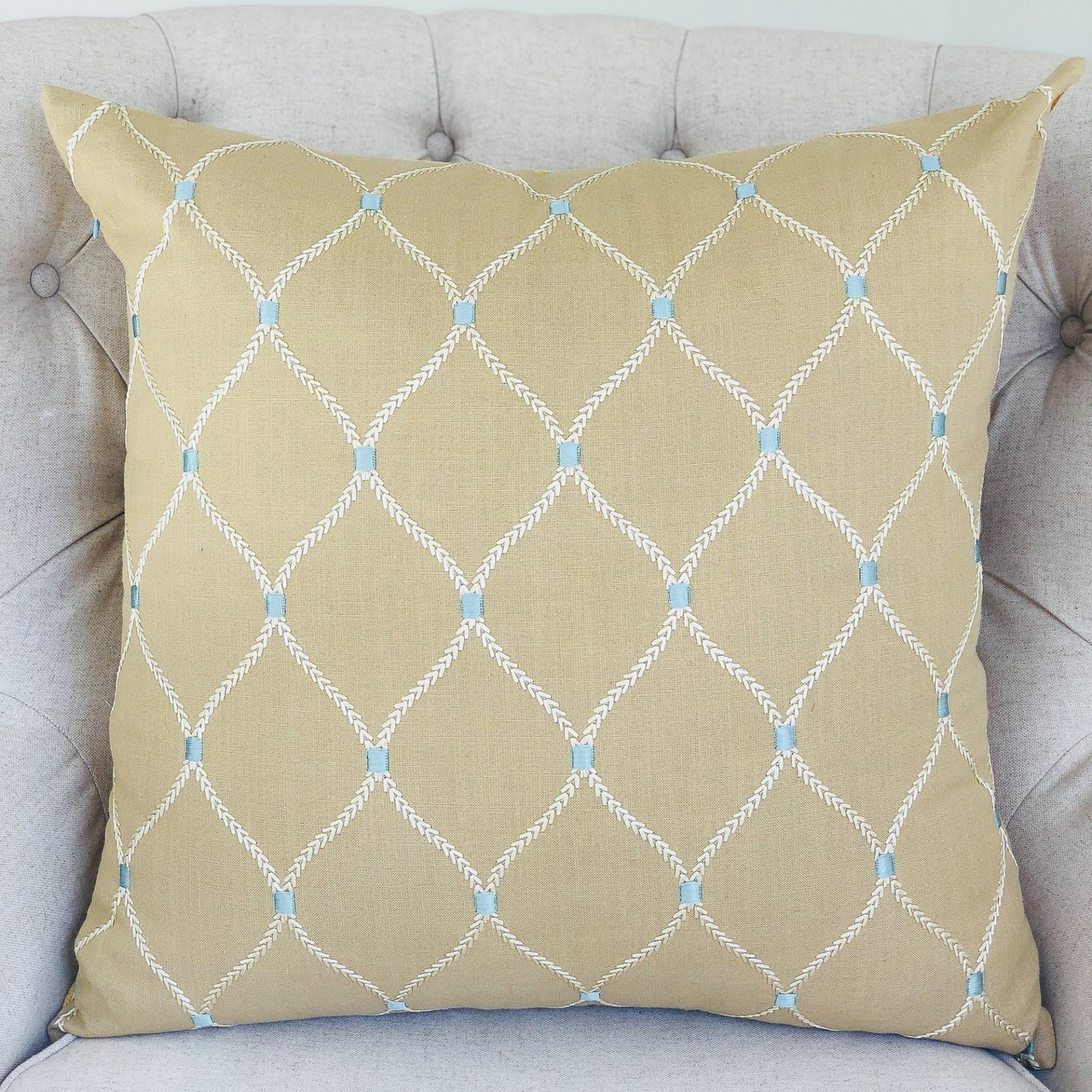 Abby  Taupe White and Blue Handmade Luxury Pillow