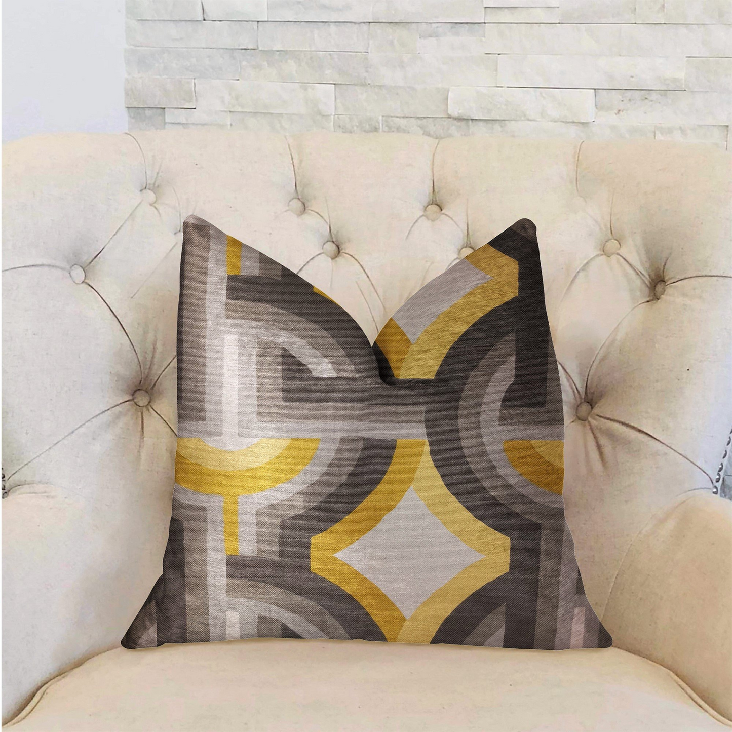 Delightful Chain Yellow, Beige and Gray Luxury Throw Pillow