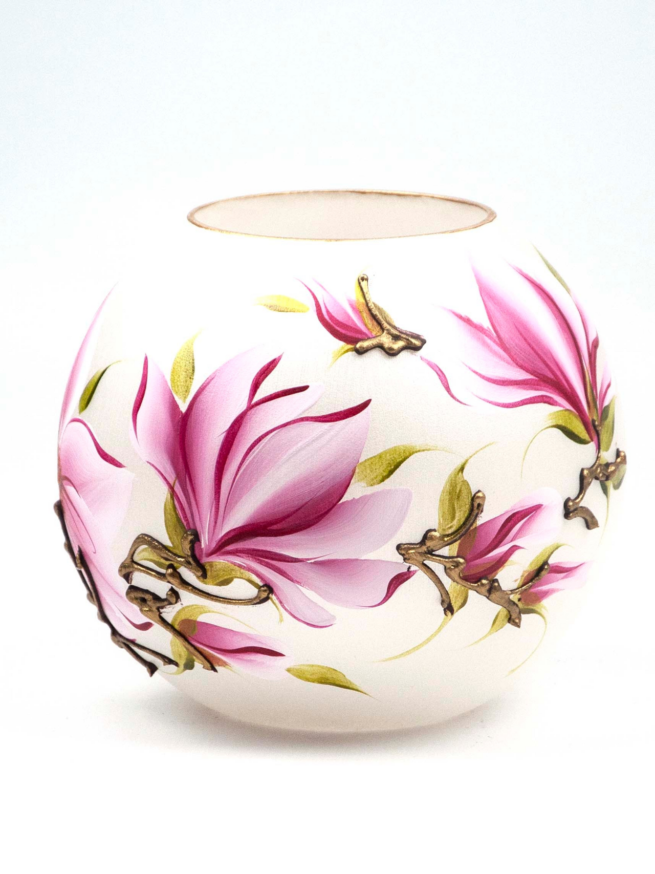 Handpainted Glass Vase | Painted Pink Flowers Art Glass Round Vase | Interior Design Home Room Decor | Table vase 6 inch