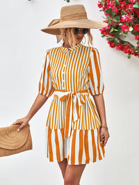 Thumbnail for Striped Half Sleeve Tie Waist Mini Dress