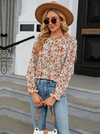 Thumbnail for Printed Round Neck Flounce Sleeve Blouse