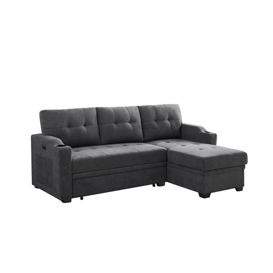 Mabel Dark Gray Woven Fabric Sleeper Sectional with cupholder, USB charging port and pocket