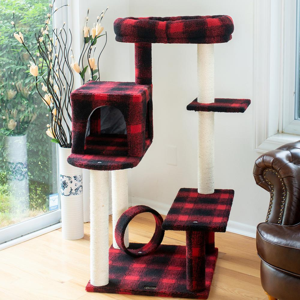 Armarkat B5008 50-Inch Classic Real Wood Cat Tree With Veranda, Bench, MIni perch, and Spacious Lounger In Scotch Plaid