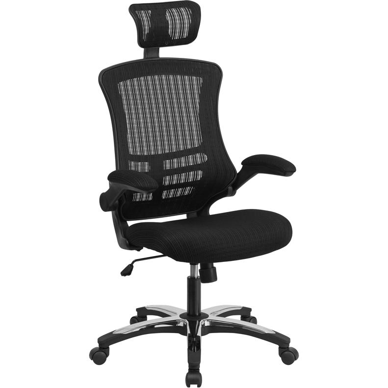 High-Back Black Mesh Swivel Ergonomic Executive Office Chair with Flip-Up Arms and Adjustable Headrest, BIFMA Certified